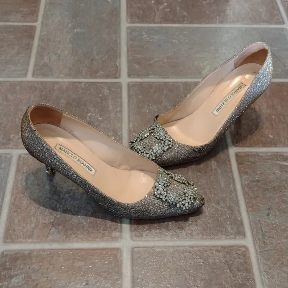 manolo blahnik hangisi crystal glitter pump heel size 36.5 size 6 - Picture 3 of 17